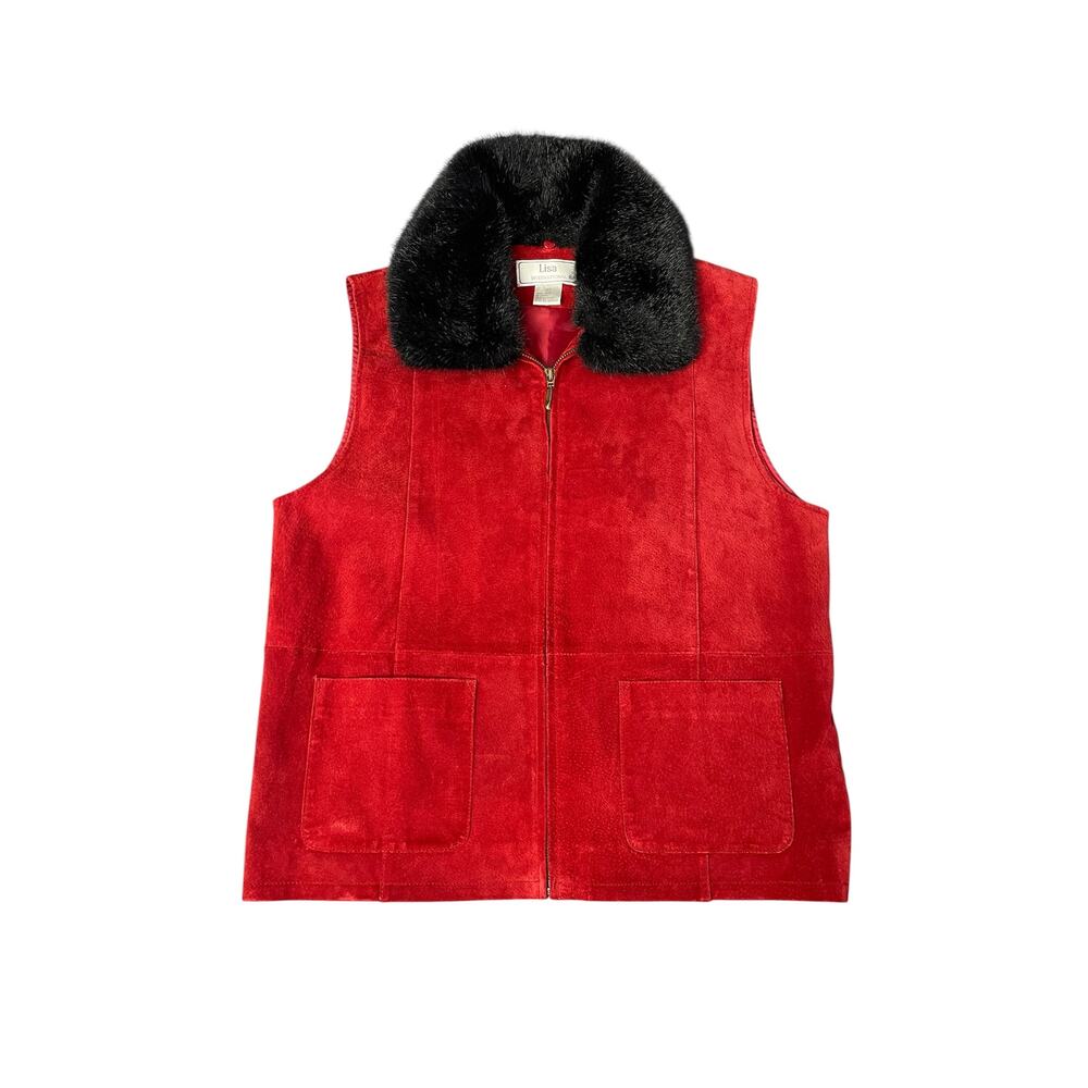 Lisa Y2K Vintage Bright‎ Red Suede Leather Zip Up Vest Removable Fur Collar MED